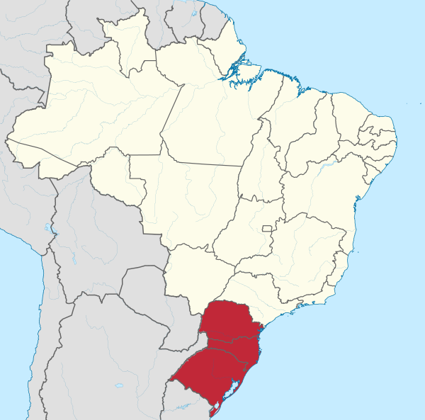 A map of Brazil highlighting the South region, known for its beautiful landscapes, European-influenced culture, and charming cities.