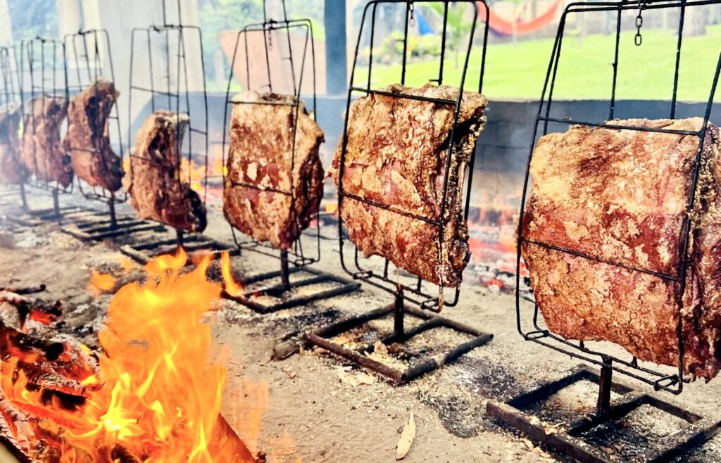 A succulent beef rib slowly roasting over an open fire in the traditional 'fogo de chão' style, showcasing the rich flavors of Brazilian barbecue culture.