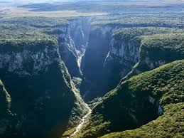 A stunning view of a canyon in Rio Grande do Sul, Brazil, featuring towering cliffs, lush green vegetation, and a deep valley with mist rolling over the dramatic landscape.