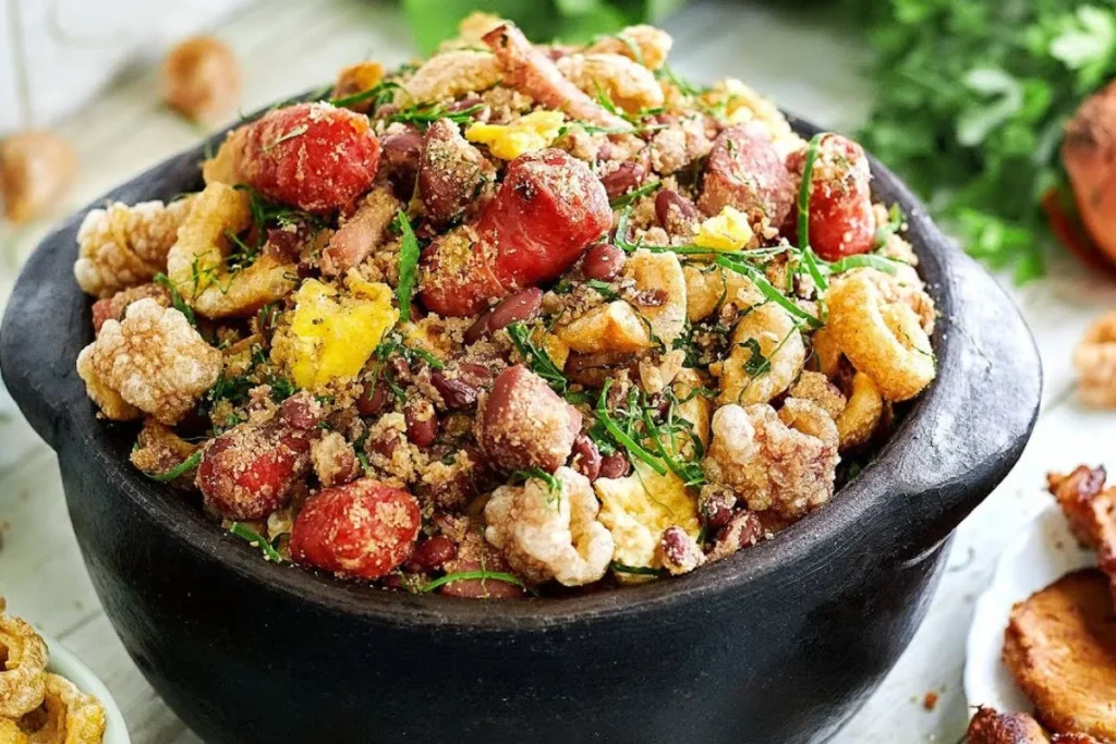 A plate of Feijão Tropeiro, a savory Brazilian dish featuring beans, crispy bacon, sausage, and eggs, creating a rich and comforting meal.