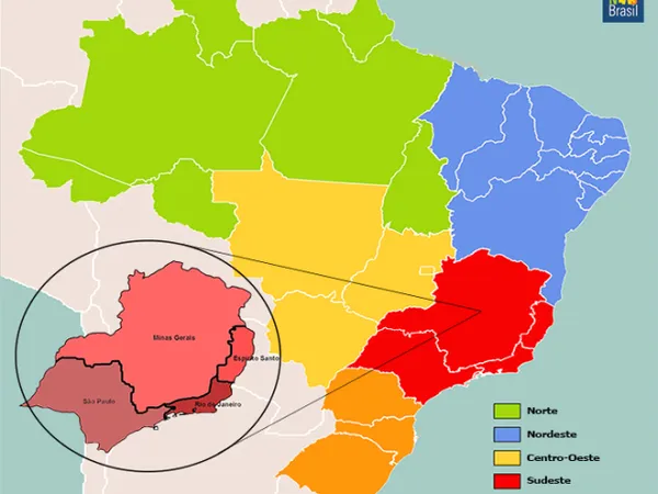 A map of Brazil highlighting the Southeast region, home to major cities like São Paulo and Rio de Janeiro, known for its cultural and economic significance.