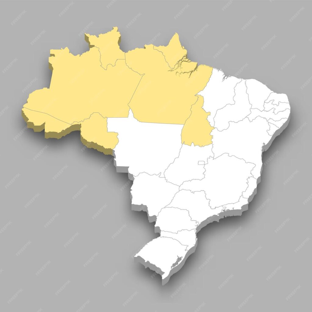 A map of Brazil with the Northern region highlighted, showcasing the vast Amazon rainforest and its natural wonders.