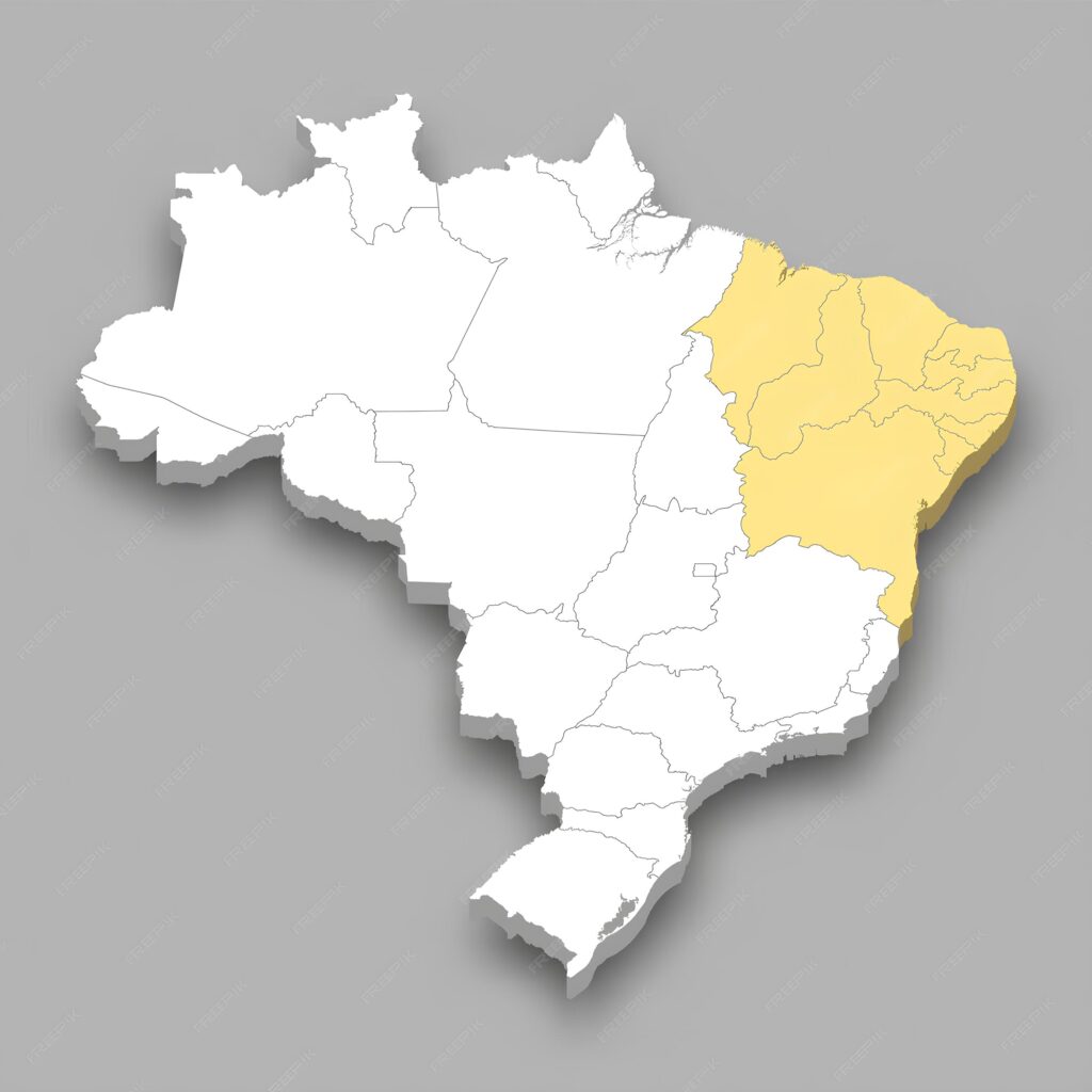 A map of Brazil with the Northeast region highlighted, showcasing its rich culture, stunning beaches, and diverse landscapes.