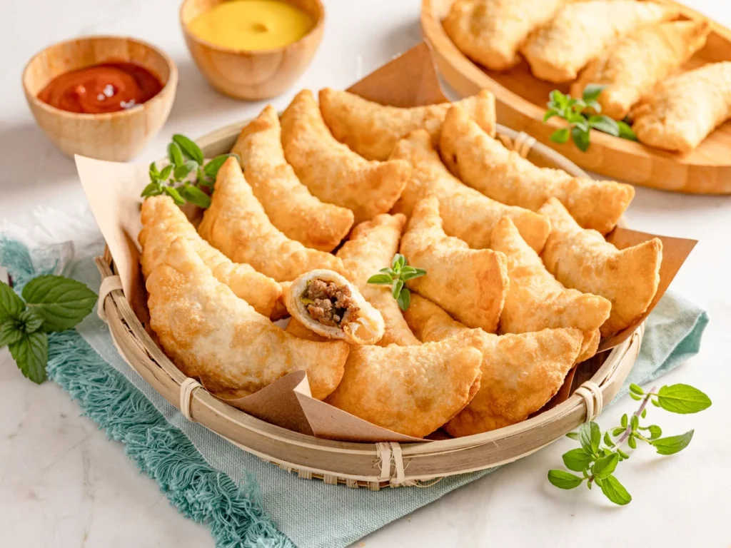 Pastel, a popular Brazilian snack, featuring a crispy, golden pastry filled with a variety of savory fillings such as cheese, meat, or shrimp.