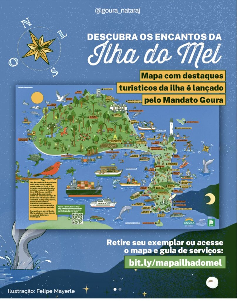 A detailed map of Ilha do Mel, Brazil, highlighting its main attractions, beaches, and trails, helping travelers navigate this stunning island getaway.