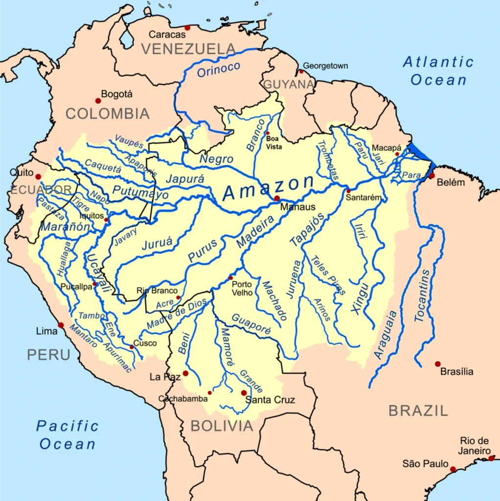 A map illustrating the Amazon River and its hidden underground twin, the Hamza River.