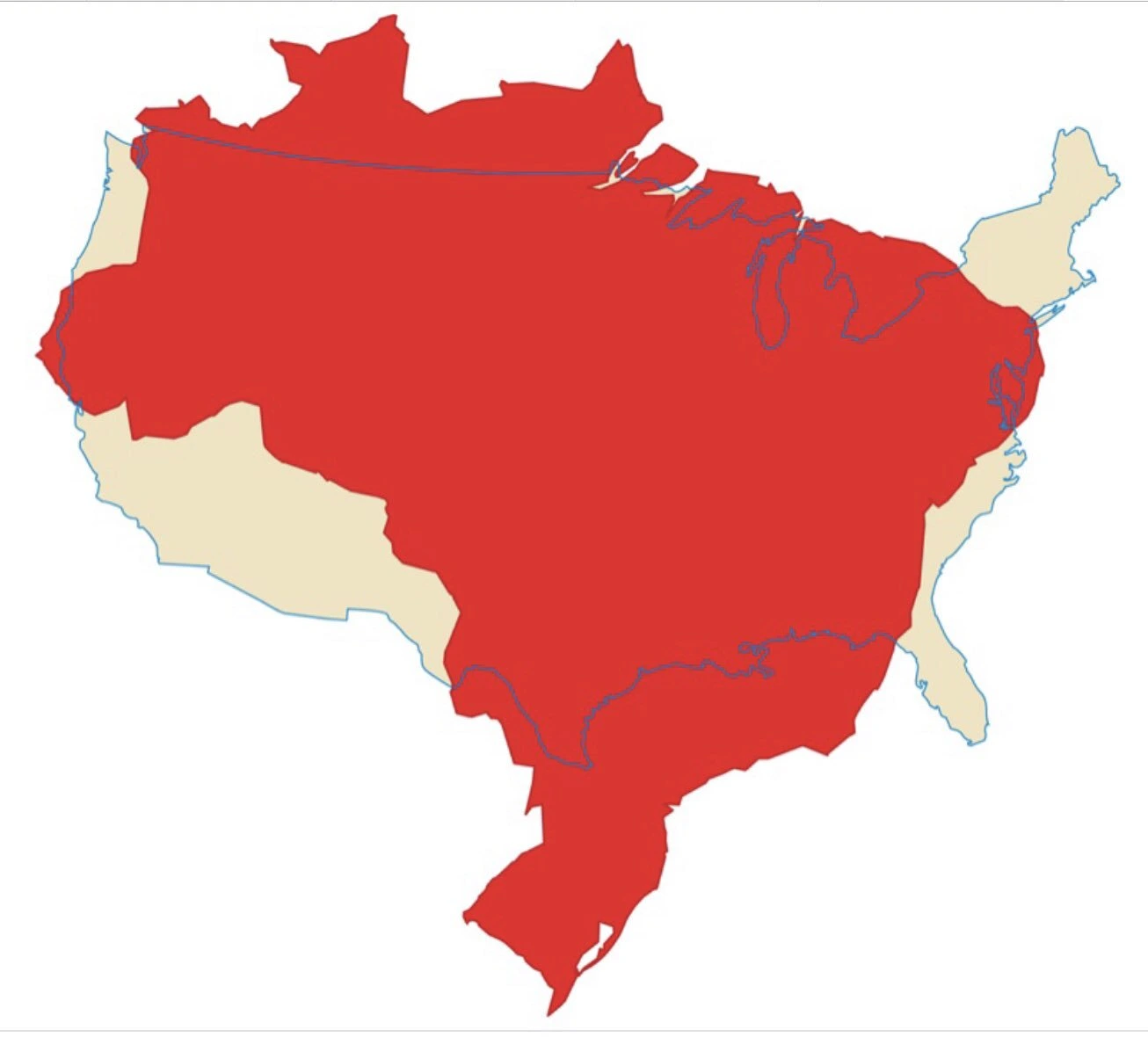 A map comparing the size of Brazil and the contiguous United States, showing that both countries have nearly the same land area, around 8.5 million km²."