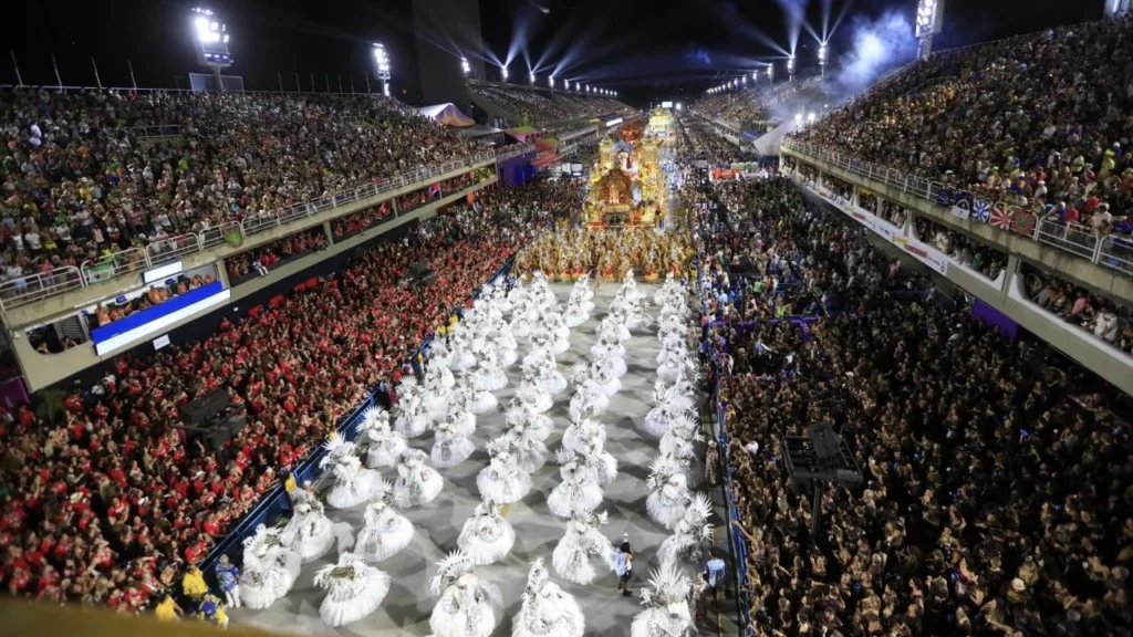Spectacular samba parade floats at the Rio Carnival.