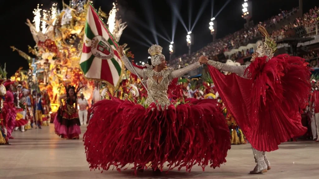 Spectacular samba parade floats at the Rio Carnival.