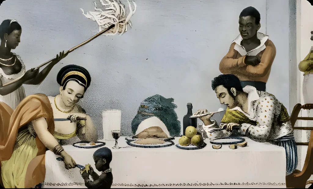 Historical painting of a colonial Brazilian family eating feijoada, with Afro-Brazilian slaves serving food — reflecting the dish's complex social and cultural origins.