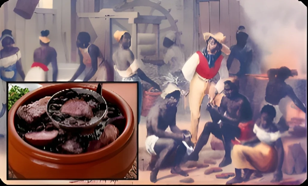 Historical depiction of enslaved Africans working in a sugarcane mill, overlaid with a traditional Brazilian feijoada dish — highlighting the dish's roots in Brazil's colonial past.