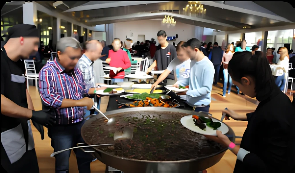 A large group sharing feijoada around a long table, reflecting the dish's cultural role in uniting people for food, conversation, and celebration.
