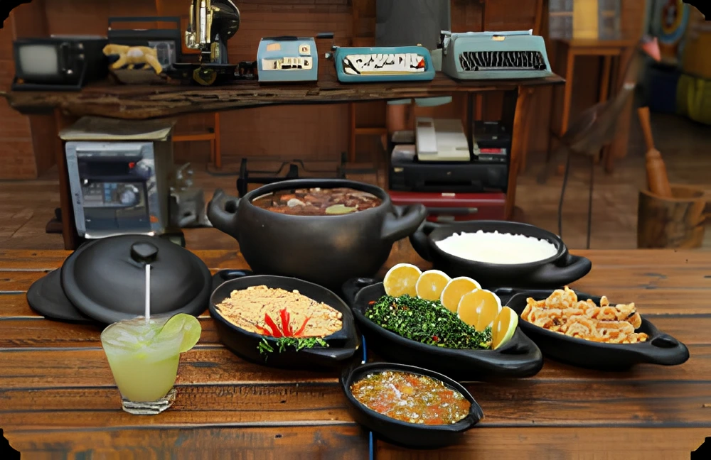 Hearty Brazilian Feijoada served with rice, collard greens, farofa, and orange slices in a rustic bowl.