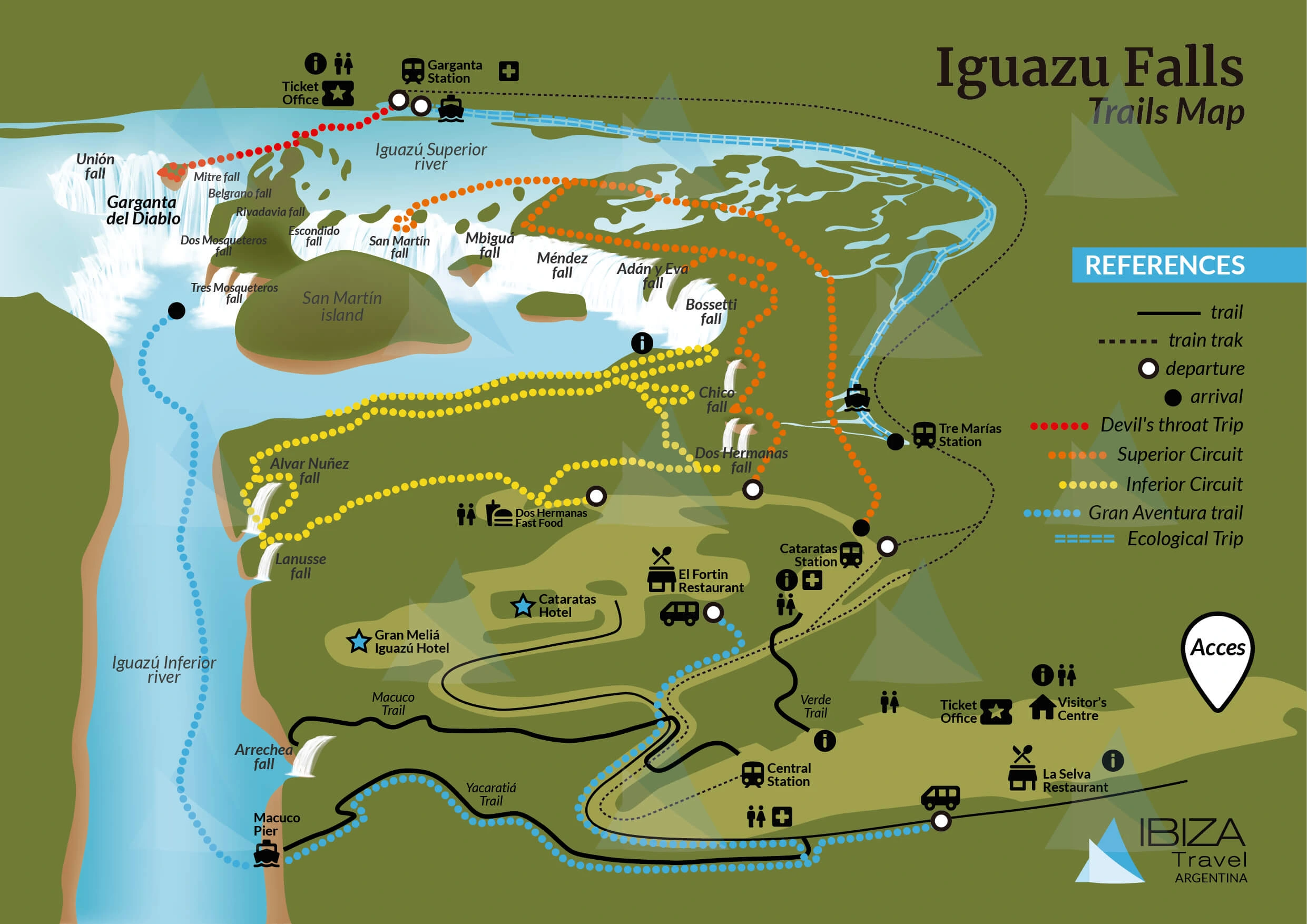 A detailed map highlighting the various hiking trails on the Argentine side of Iguazu Falls, showcasing the different routes for visitors to explore the natural beauty of the area.
